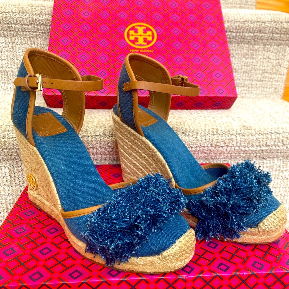 Tory Burch Women's Shaw Blue Denim Royal Tan Espadrille Wedge Sandals Size 9